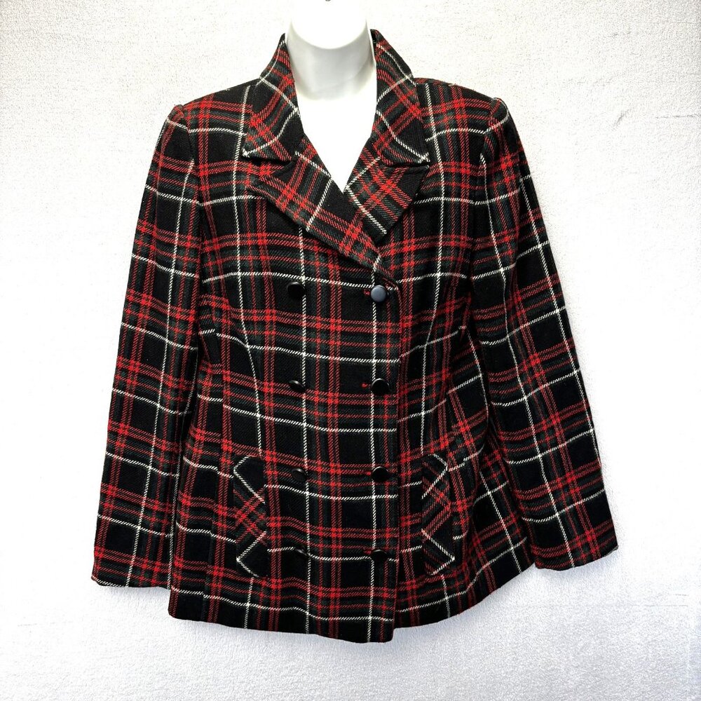 CAbi Holiday Double Breasted Blazer Jacket Womens 8 Red Green Black Tartan Plaid